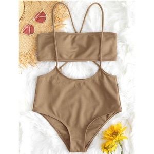 Zaful High Waisted Overall Bandeau Top Tan Bikini